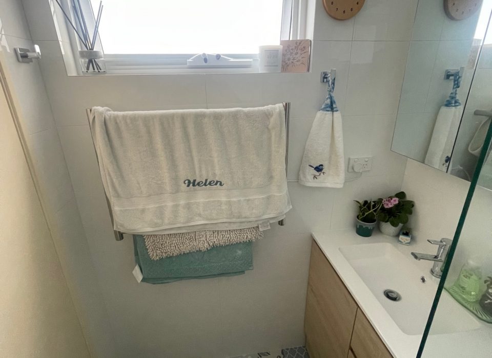 A renovated bathroom with blue and white patterned floor tiling and a walk-in shower