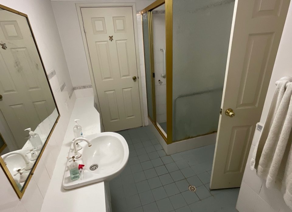 An old bathroom with blue floor tiling and a shower enclosure with gold frames
